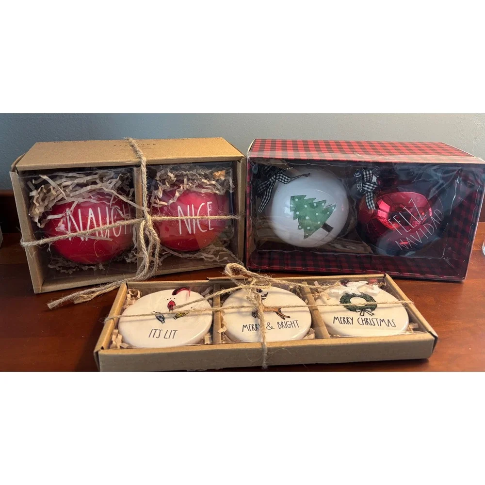 Rae Dunn Christmas Ornament Bundle Naughty Nice Feliz‎ Navidad It's Lit 7pc Set